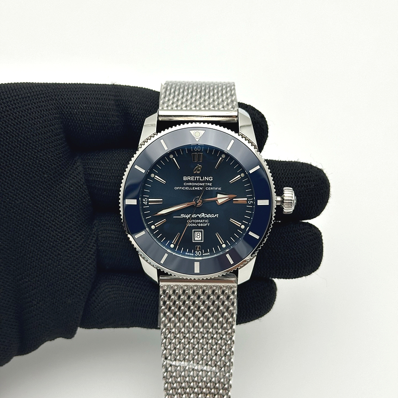 브라이틀링 슈퍼오션 헤리티지 스틸 블루다이얼 세라믹베젤 매쉬밴드 SUPER OCEAN HERITAGE BLUE CERAMIC BEZEL SS BLUE DIAL ON SS BRACELET A2824 출고 전 실물 검수사진 2