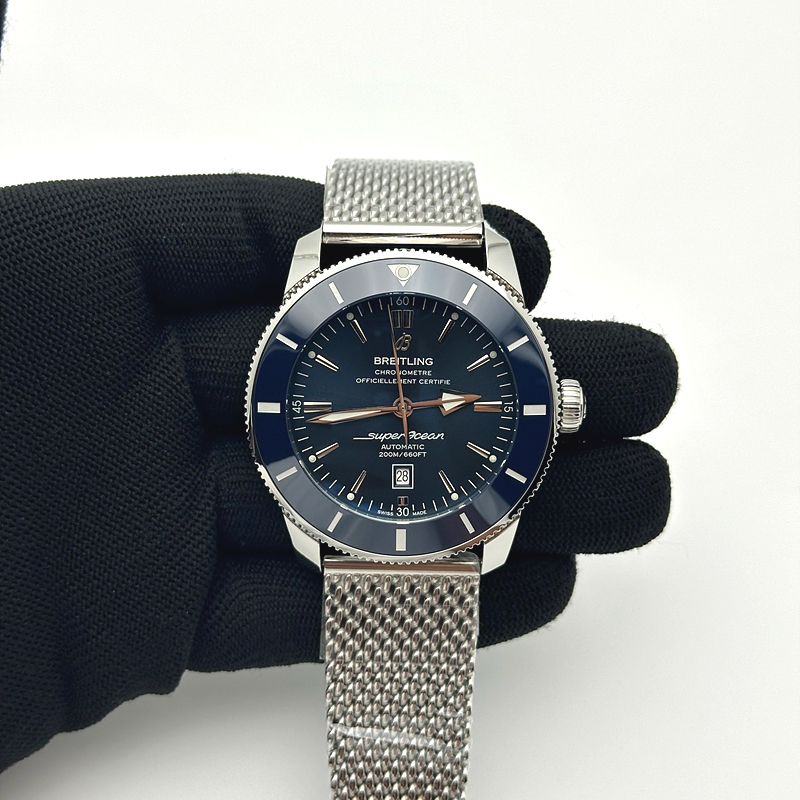 브라이틀링 슈퍼오션 헤리티지 스틸 블루다이얼 세라믹베젤 매쉬밴드 SUPER OCEAN HERITAGE BLUE CERAMIC BEZEL SS BLUE DIAL ON SS BRACELET A2824 출고 전 실물 검수사진 3