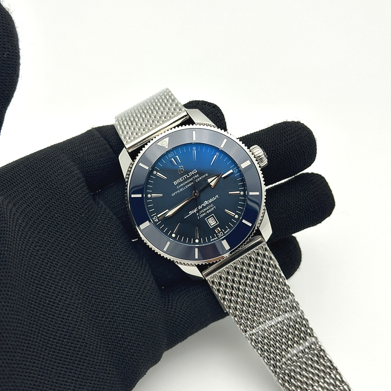 브라이틀링 슈퍼오션 헤리티지 스틸 블루다이얼 세라믹베젤 매쉬밴드 SUPER OCEAN HERITAGE BLUE CERAMIC BEZEL SS BLUE DIAL ON SS BRACELET A2824 출고 전 실물 검수사진 4