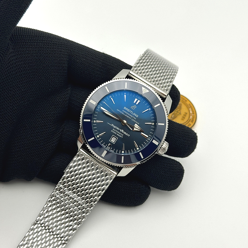 브라이틀링 슈퍼오션 헤리티지 스틸 블루다이얼 세라믹베젤 매쉬밴드 SUPER OCEAN HERITAGE BLUE CERAMIC BEZEL SS BLUE DIAL ON SS BRACELET A2824 출고 전 실물 검수사진 5