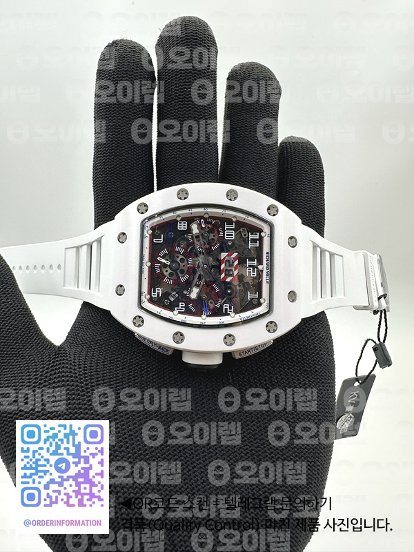 KU공장 리차드밀 RM011 블루마커 카본케이스 세라믹베젤 스켈레톤다이얼 러버스트랩 RM011 CARBON CASE (BLUE MARKERS) CHRONOGRAPH WHITE CERAMIC BEZEL SKELETON DIAL ON WHITE RUBBER STRAP A7750 KV공장 출고 전 실물 검수사진 4