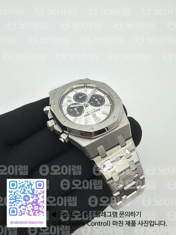 om공장 오데마피게 로얄오크 크로노그래프 26331ST 스틸 화이트앤블랙다이얼 브레이슬릿 Royal Oak Chrono 26331ST SS White/Black Dial on SS Bracelet A7750 출고 전 실물 검수사진 7