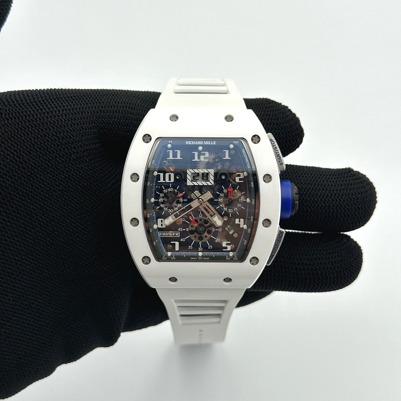 KU공장 리차드밀 RM011 화이트세라믹케이스 스켈레톤다이얼 러버스트랩 RM011 Real White Ceramic Chronograph Crystal Skeleton Dial Blue on White Rubber Strap A7750 KV공장 출고 전 실물 검수사진 3