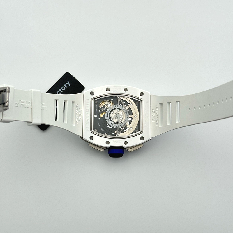 KU공장 리차드밀 RM011 화이트세라믹케이스 스켈레톤다이얼 러버스트랩 RM011 Real White Ceramic Chronograph Crystal Skeleton Dial Blue on White Rubber Strap A7750 KV공장 출고 전 실물 검수사진 12