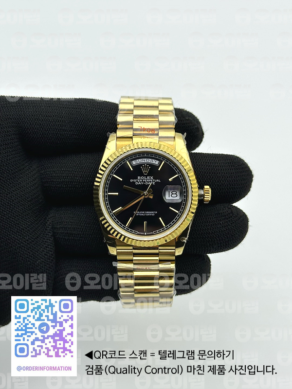 GM공장 롤렉스 데이데이트 36 옐로우골드 블랙다이얼 2836 Day Date 40 YG 904L Steel Fluted Bezel GMF 1:1 Best Edition Black Stick Dial on YG Bracelet A2836 출고 전 실물 검수사진 2