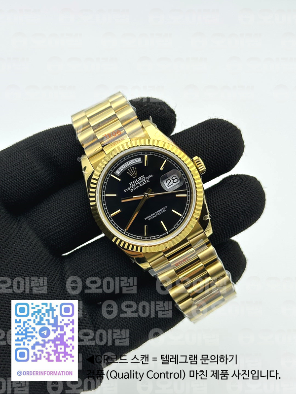 GM공장 롤렉스 데이데이트 36 옐로우골드 블랙다이얼 2836 Day Date 40 YG 904L Steel Fluted Bezel GMF 1:1 Best Edition Black Stick Dial on YG Bracelet A2836 출고 전 실물 검수사진 4