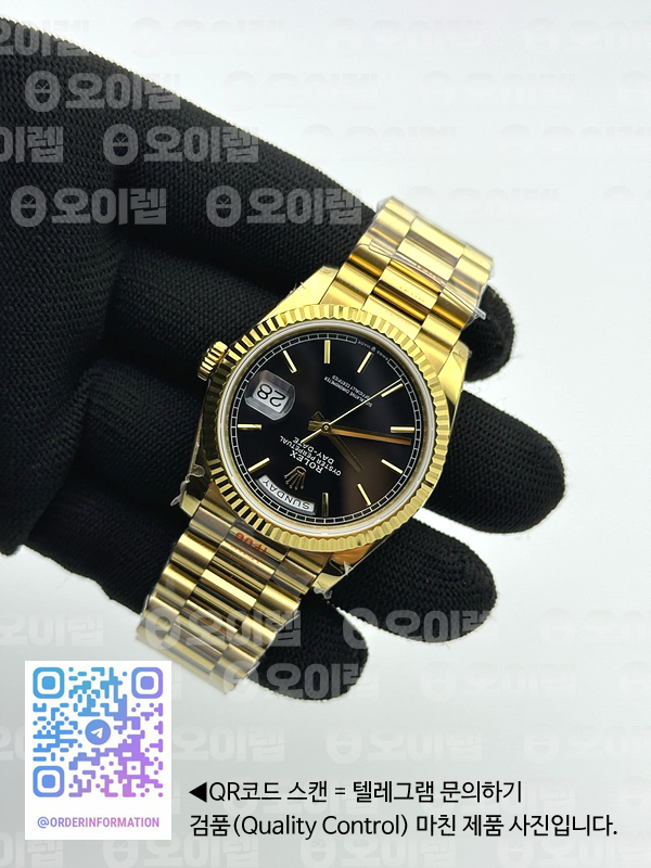 GM공장 롤렉스 데이데이트 36 옐로우골드 블랙다이얼 2836 Day Date 40 YG 904L Steel Fluted Bezel GMF 1:1 Best Edition Black Stick Dial on YG Bracelet A2836 출고 전 실물 검수사진 7