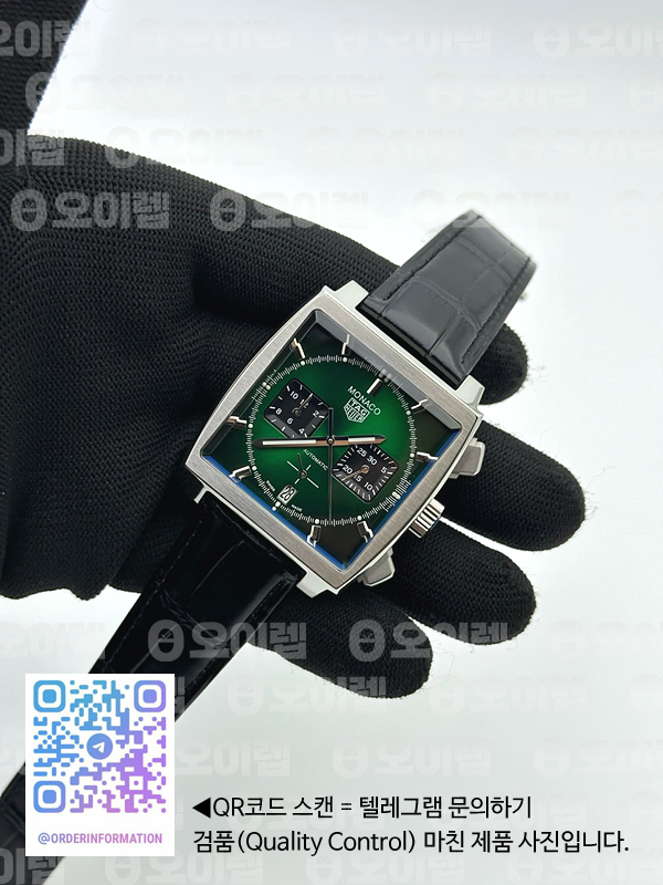 태그호이어 모나코 크로노그래프 그린옴브르다이얼 가죽스트랩 Tag Monaco Chronograph SS/LE Green Jap VK64A 출고 전 실물 검수사진 5