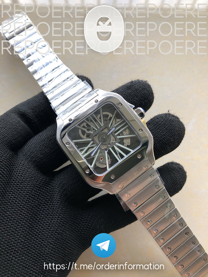 TWF공장 산토스 스켈레톤 스틸 블랙다이얼 브레이슬릿 Santos skeleton SS TWF Best Edition Skeleton Dial on SS Bracelet Ronda Quartz 출고 전 실물 검수사진 2