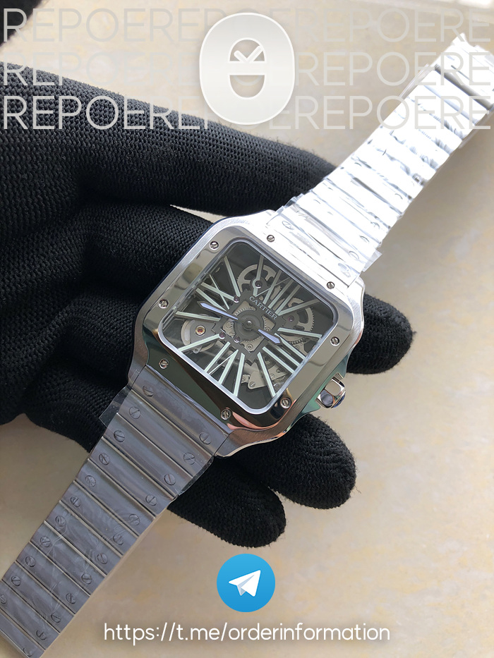 TWF공장 산토스 스켈레톤 스틸 블랙다이얼 브레이슬릿 Santos skeleton SS TWF Best Edition Skeleton Dial on SS Bracelet Ronda Quartz 출고 전 실물 검수사진 4