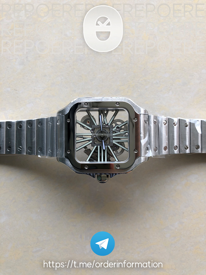 TWF공장 산토스 스켈레톤 스틸 블랙다이얼 브레이슬릿 Santos skeleton SS TWF Best Edition Skeleton Dial on SS Bracelet Ronda Quartz 출고 전 실물 검수사진 5