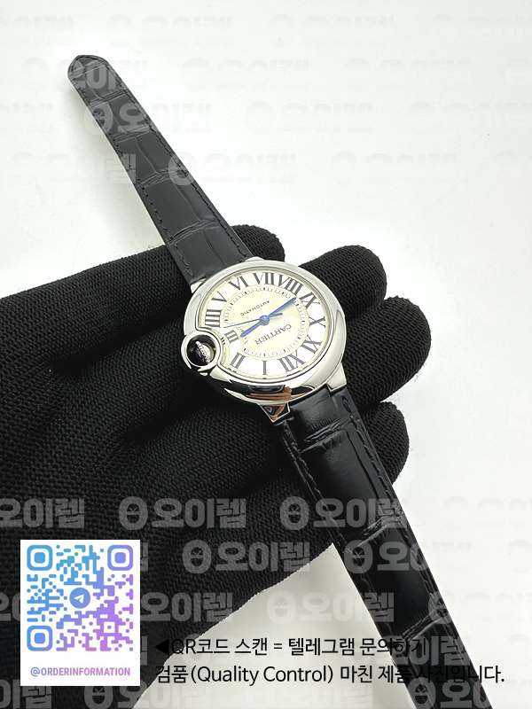 3K공장 까르띠에 발롱블루 33 오토메틱 스틸 화이트다이얼 가죽스트랩 Ballon Bleu 33mm SS 3KF 1:1 Best Edition White Dial on Black Leather Strap A076 출고 전 실물 검수사진 5