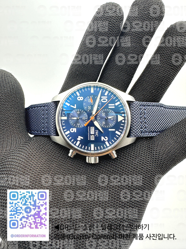 AZ공장 IWC 파일럿 크로노그래프 스틸 블루다이얼 오렌지핸즈 블루가죽스트랩 Pilot Chrono SS AZF 1:1 Best Edition Blue Dial Orange Hand on Blue Leather Strap A7750 출고 전 실물 검수사진 4