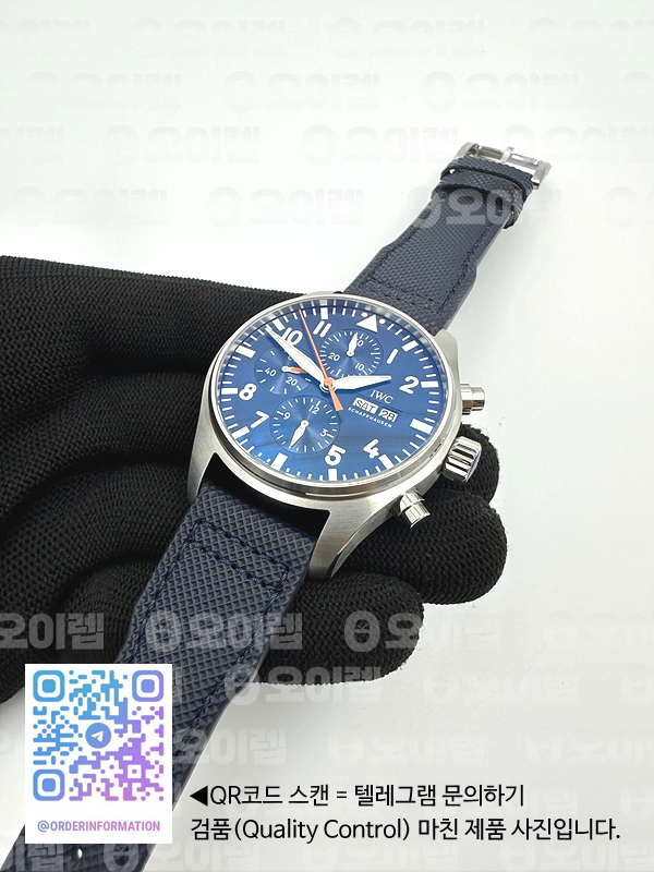 AZ공장 IWC 파일럿 크로노그래프 스틸 블루다이얼 오렌지핸즈 블루가죽스트랩 Pilot Chrono SS AZF 1:1 Best Edition Blue Dial Orange Hand on Blue Leather Strap A7750 출고 전 실물 검수사진 6