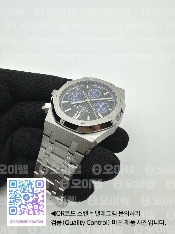 IP공장 오데마피게 로얄오크 크로노그래프 스틸 블랙다이얼 블루서브다이얼 브레이슬릿 Royal Oak Chrono 26331ST SS IPF 1:1 Best Edition Black Dial Blue subdial on SS Bracelet A7750 출고 전 실물 검수사진 8