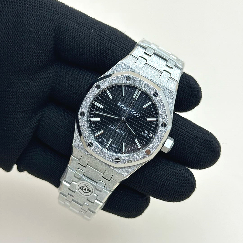 APS공장 오데마피게 로얄오크15454 프로스티드골드 새틴폴리싱 스틸 블랙다이얼 Royal Oak 37mm 15454 Frosted SS APSF 1:1 Best Edition Black Textured Dial on Frosted SS Bracelet SA3120 Super Clone 출고 전 실물 검수사진 5